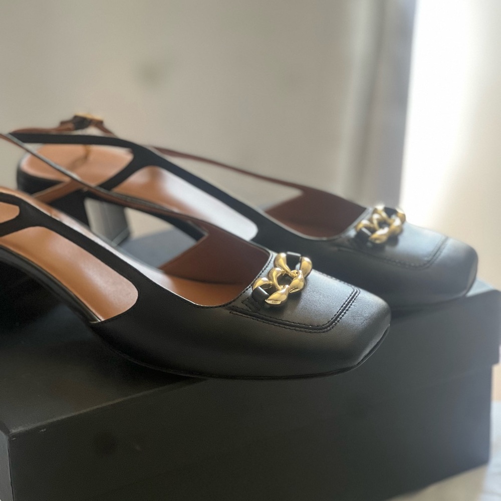 Maje Black Heels with Gold Chain Detail